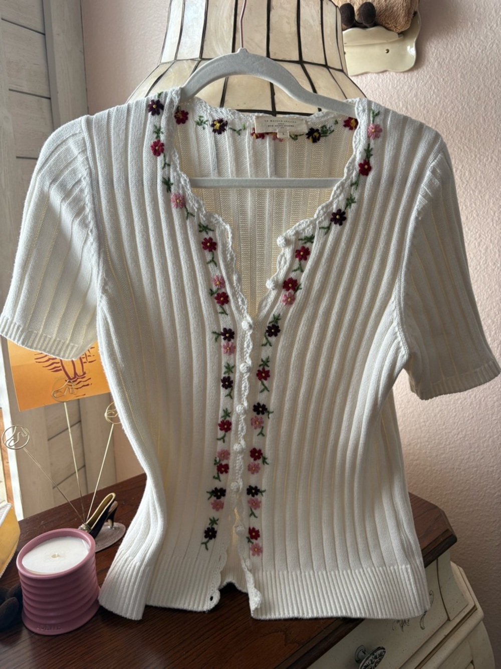 Sezane Short Sleeve Cardigan with Floral Embroidery